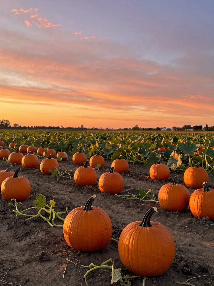 A pumpkin farm glowing orange under an autumn sky