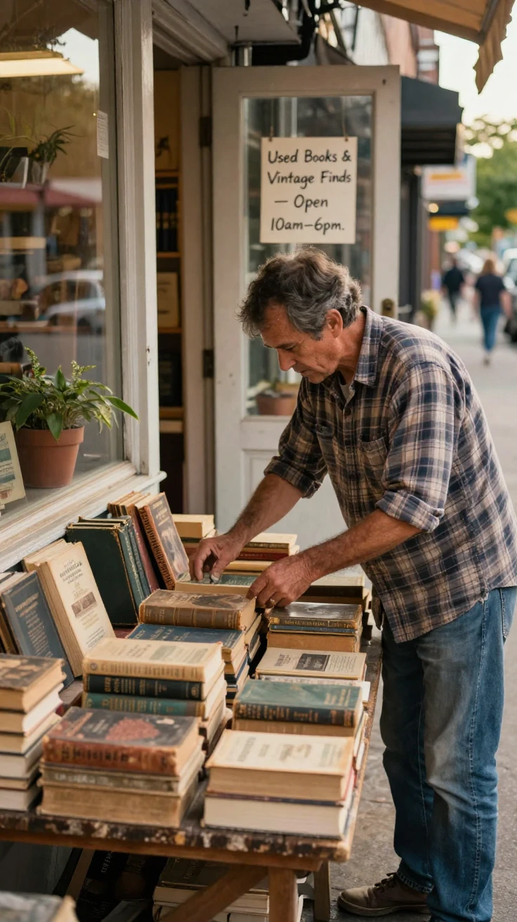 A bookseller arranges dusty volumes on tables outside a secondhand shop.
