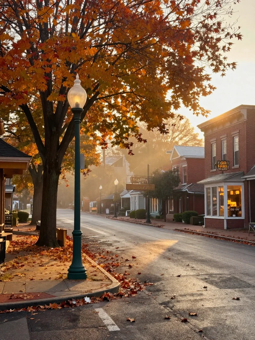 A quiet street corner glowing beneath autumn's golden leaves as the town slowly wakes