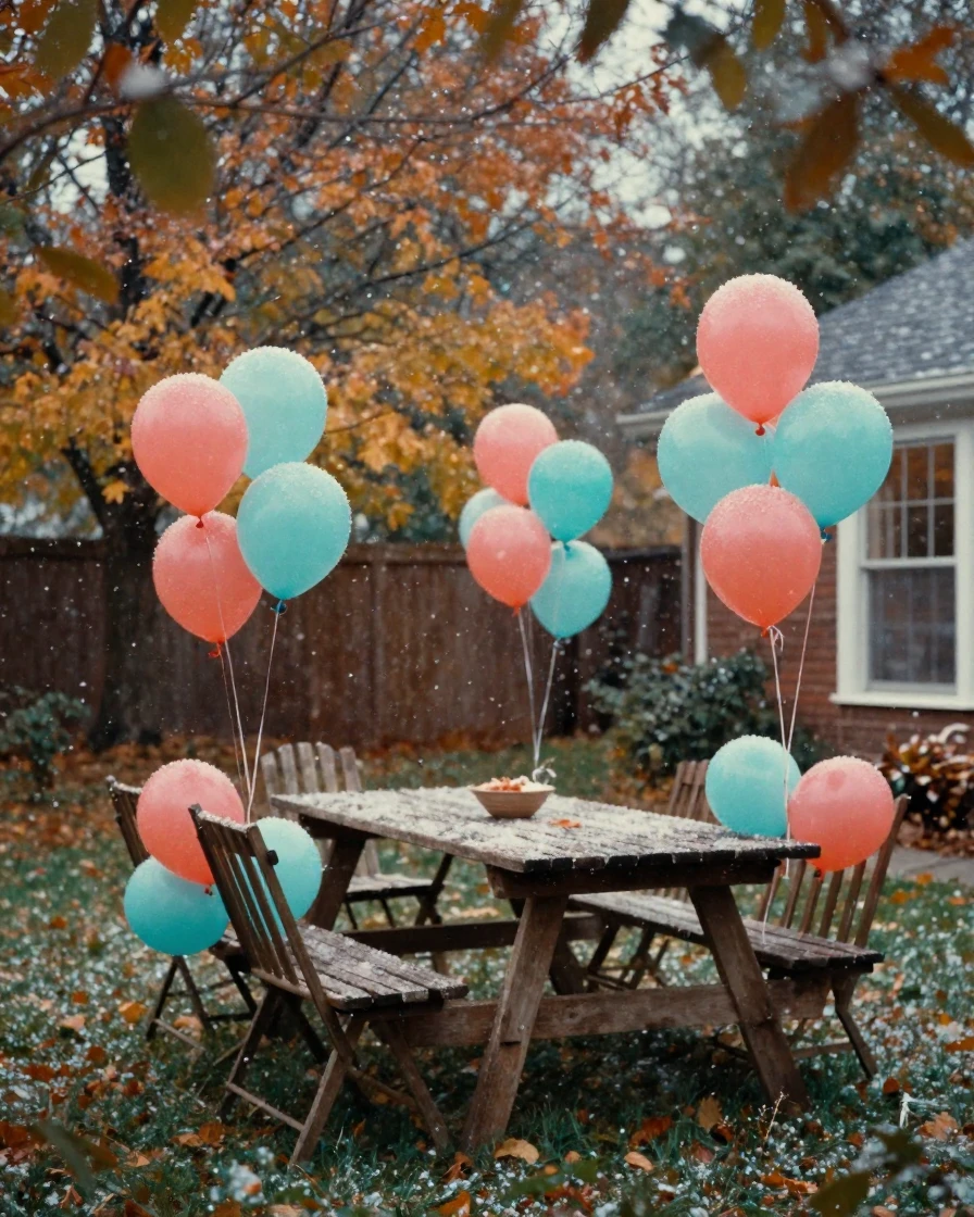 A backyard birthday party with balloons tied to garden chairs, in soft window light, amid gently falling snow, in late autumn, in vivid coral and turquoise hues, peering through foliage in the foreground.