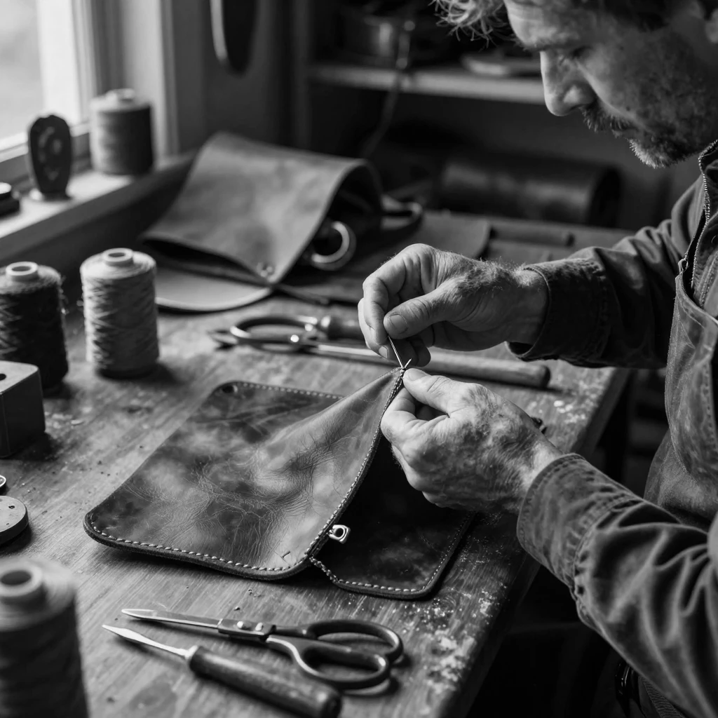 A leatherworker stitches a satchel by hand at a wooden workbench.