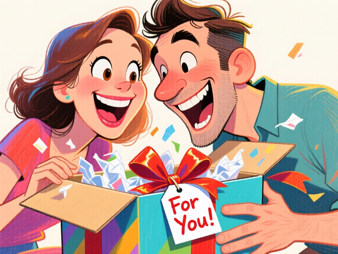A couple unboxing a gift together, both leaning in with excited expressions.