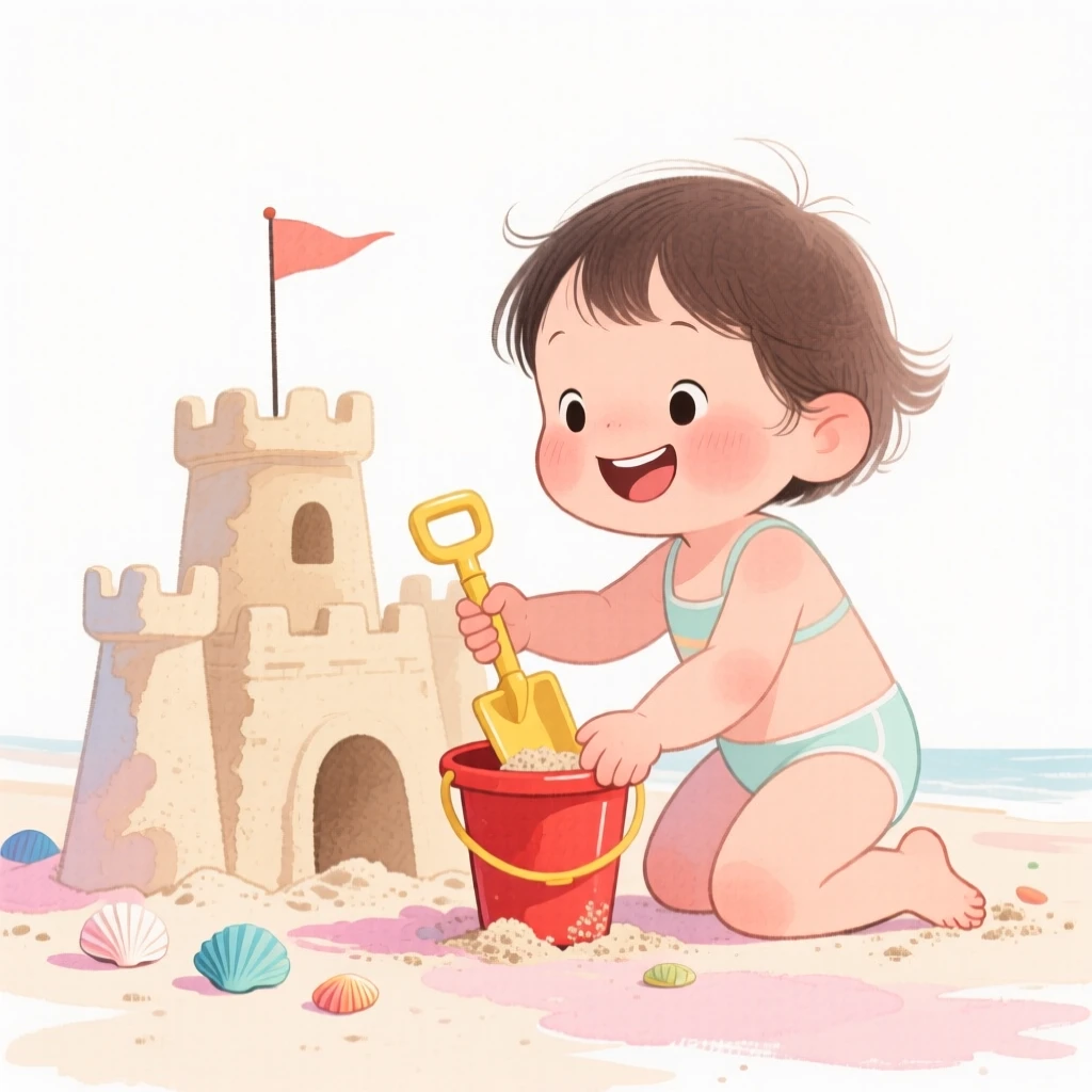 A heartwarming scene of a child building a sandcastle at the beach with a bucket and shovel