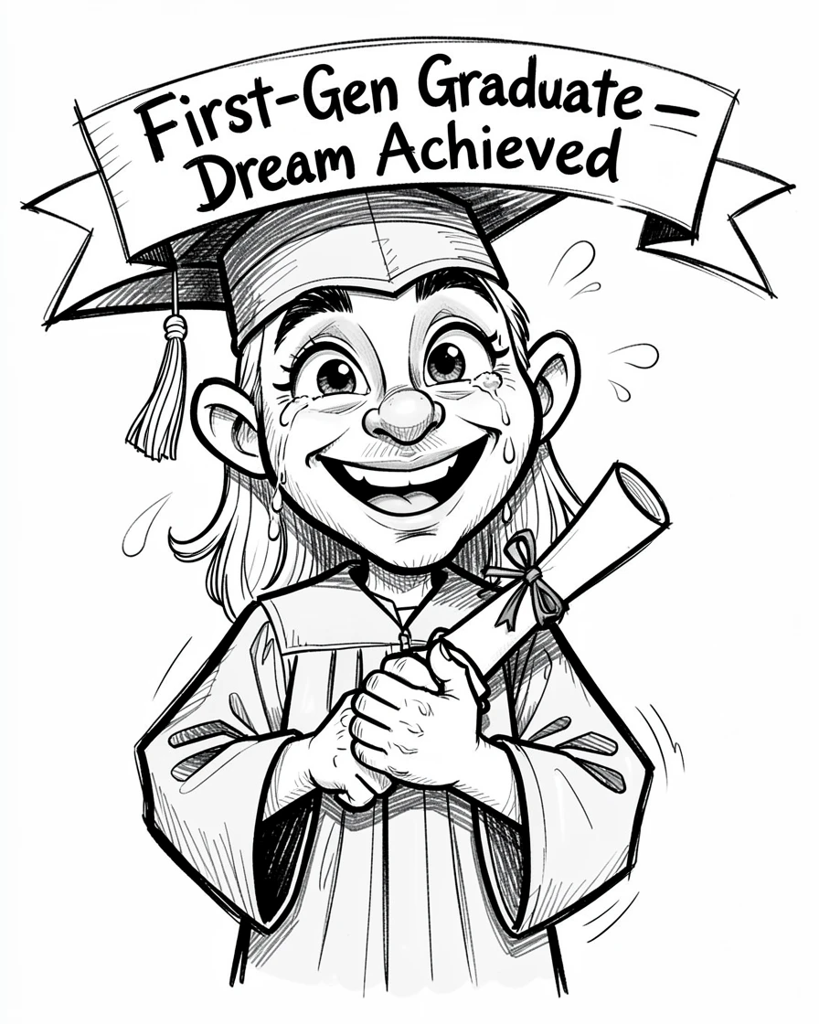 [Inspirational & Emotional Scenes] Touching, uplifting scene of a courageous first-generation graduate celebrating a milestone with tearful joy, evoking deep emotion