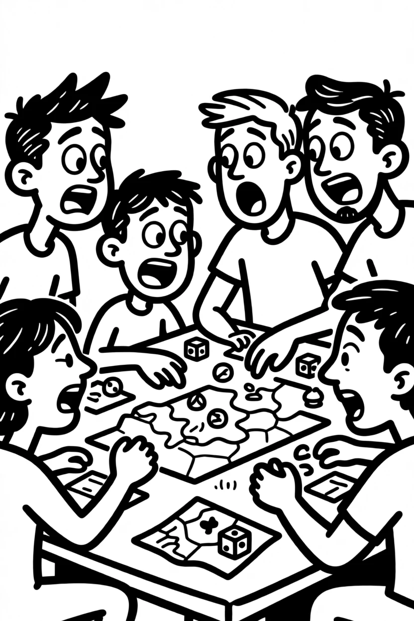 A group of friends deeply engaged in a tabletop role-playing game with dice and maps.