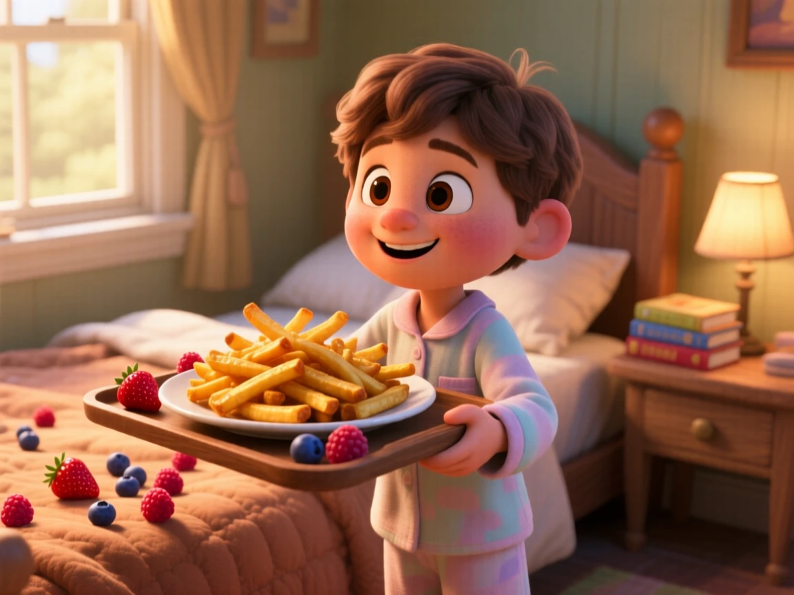 A plate of crispy golden fries sits on a tray carried to a cozy bedroom, surrounded by scattered fresh berries. A comforting, homey feeling fills the moment.