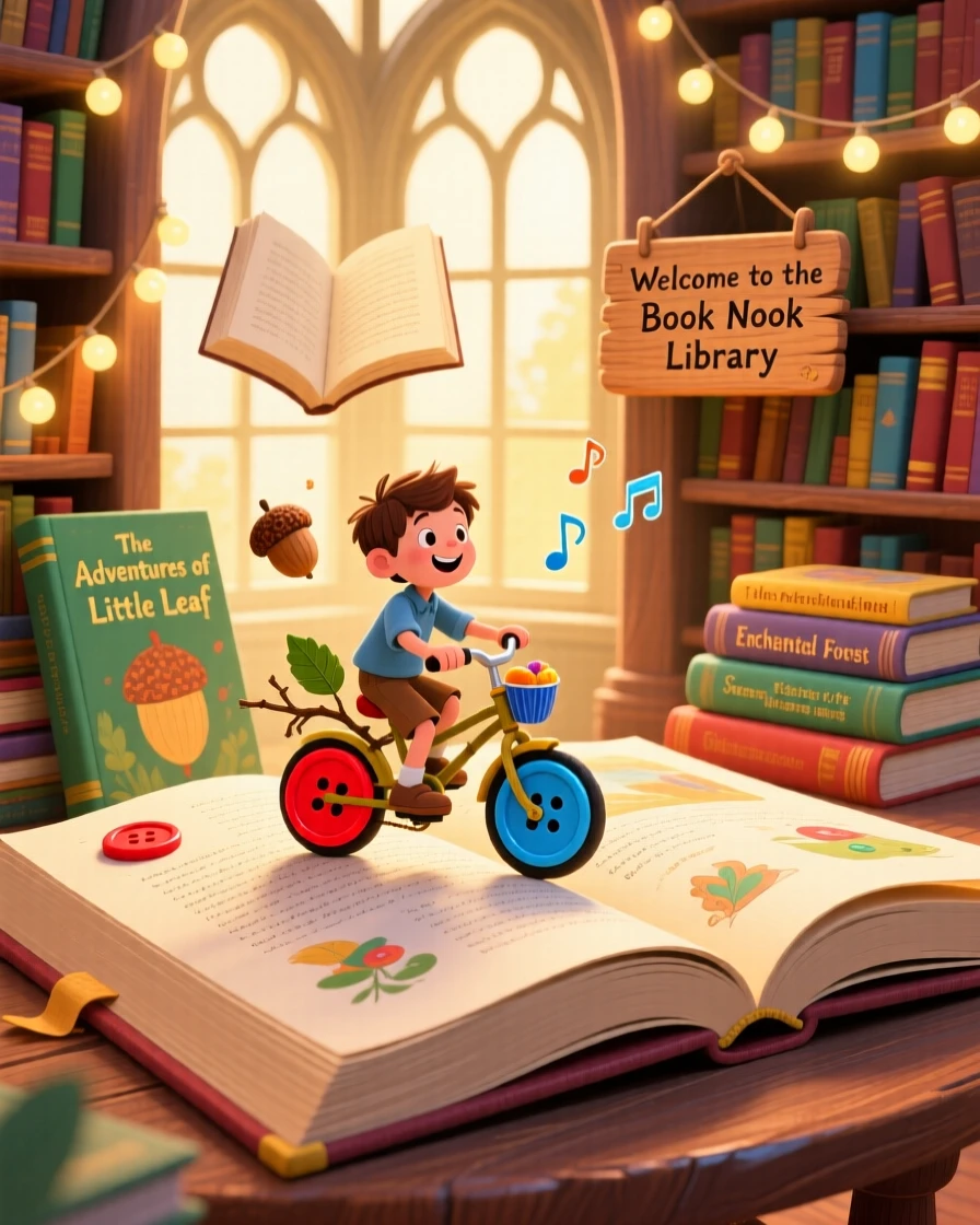 A boy who shrank to the size of an acorn is riding a bicycle with mismatched wheels made of buttons in a library built inside an enormous book, as a soft melody seems to hum through the air.