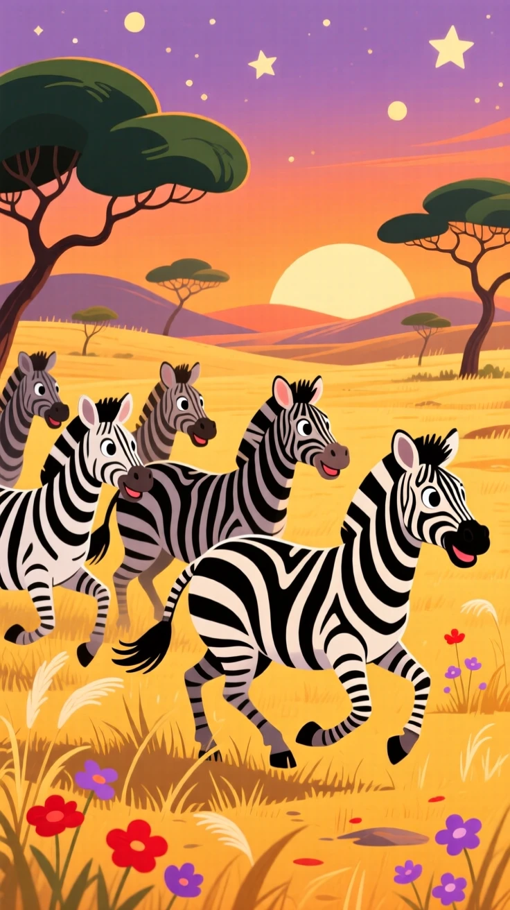 A herd of wild zebras crossing a golden savanna at dusk.
