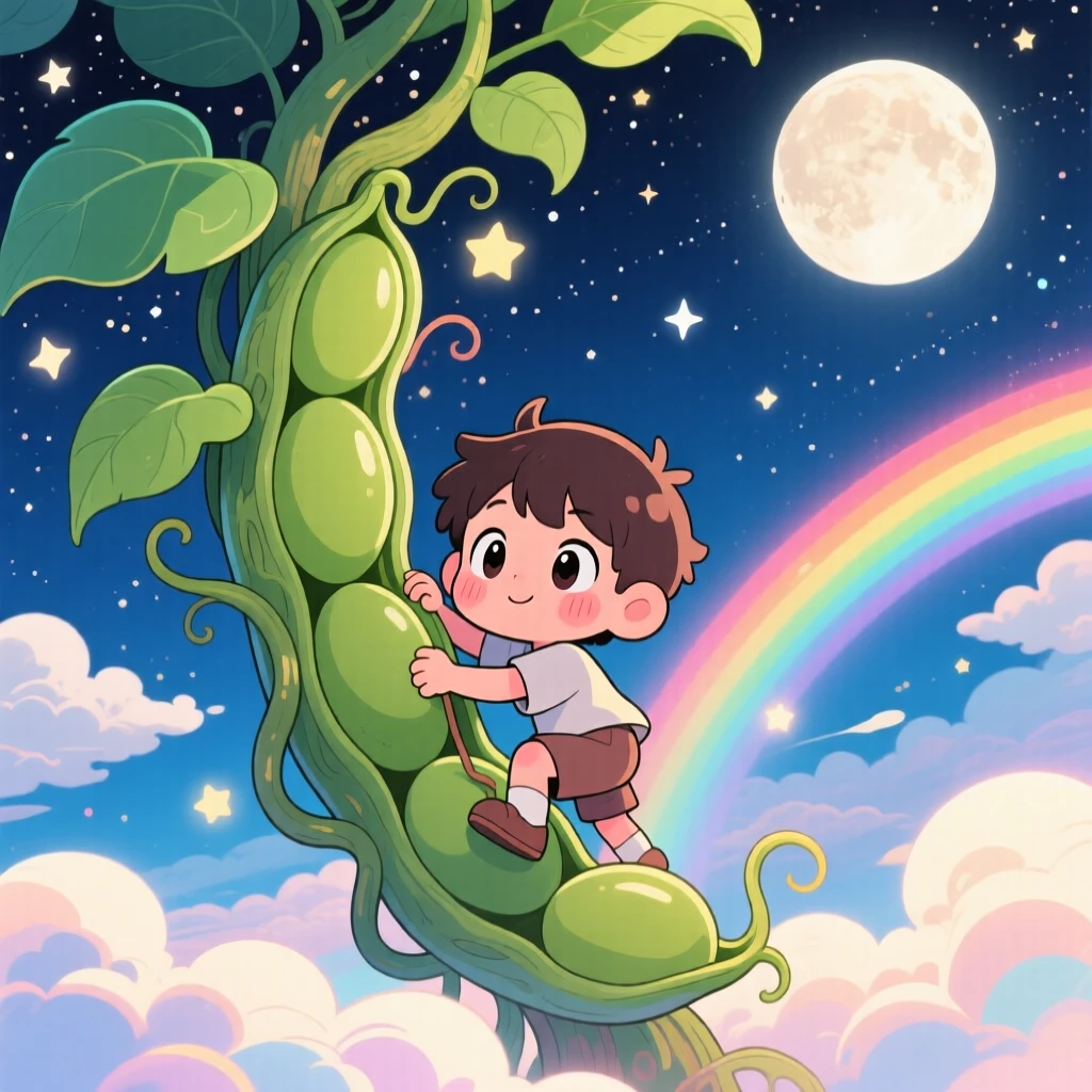 A small boy climbing a giant beanstalk toward the clouds in a magical cloud-covered sky under a starry midsummer night sky; bright rainbow-tinted light washes over the scene as sleepy relaxation fills the moment. Bird's-eye view.