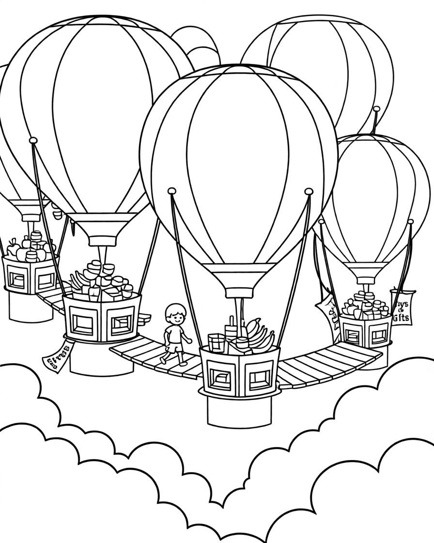 A floating market in the sky with balloon-shaped shops