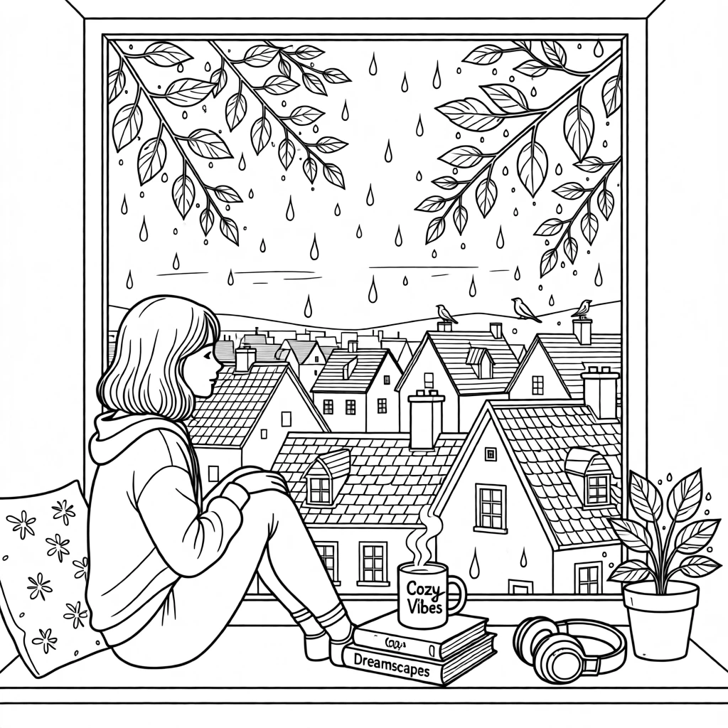 A window seat overlooking rain-streaked glass and rooftops, with tiny water droplets clinging to every leaf.