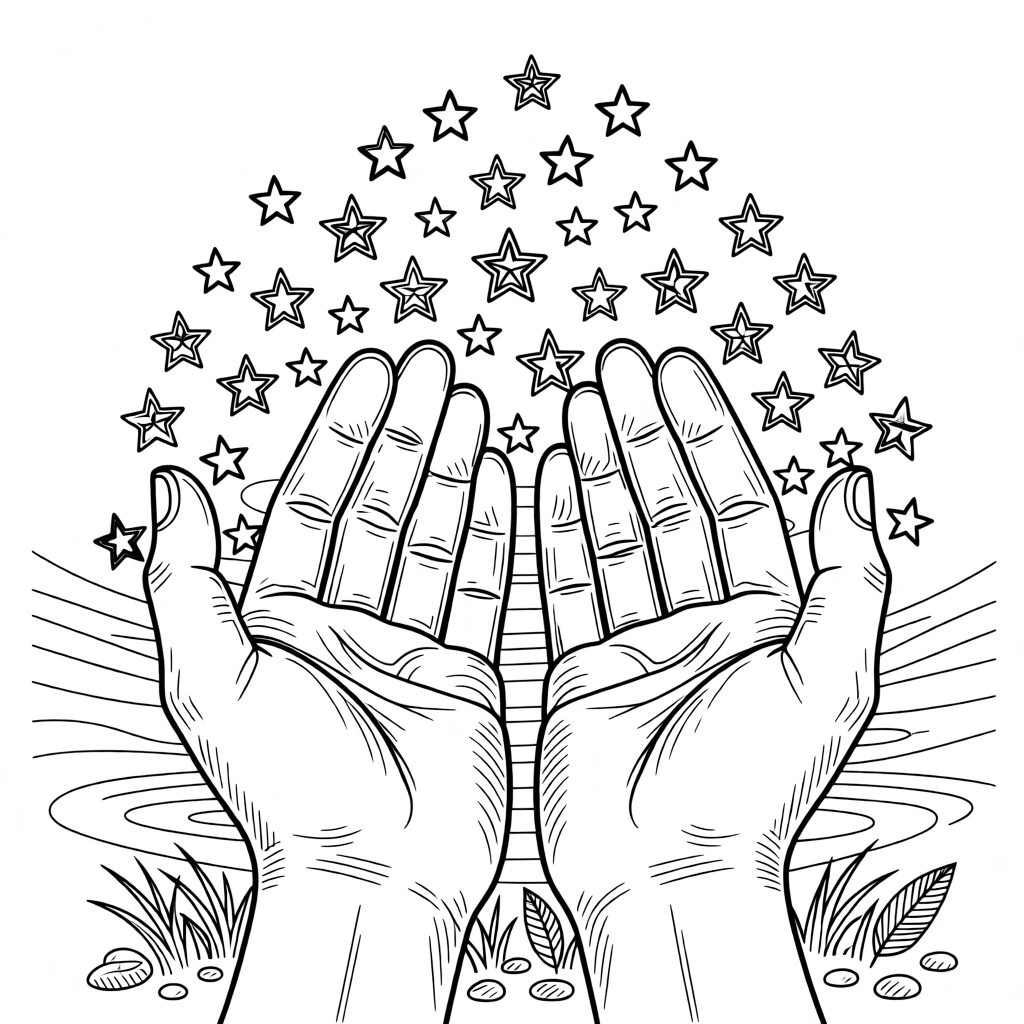 A pair of hands cupped to catch falling raindrops shaped like stars.