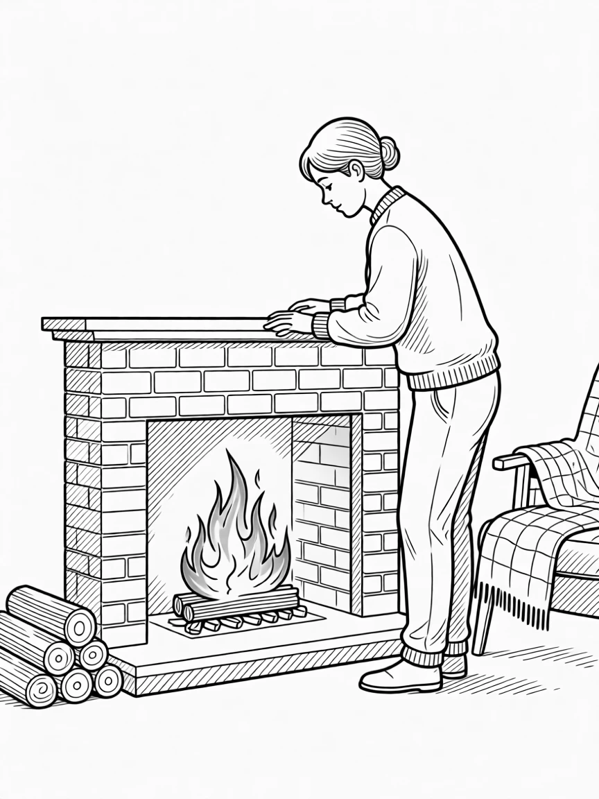 A person tending a cozy fireplace on a winter evening