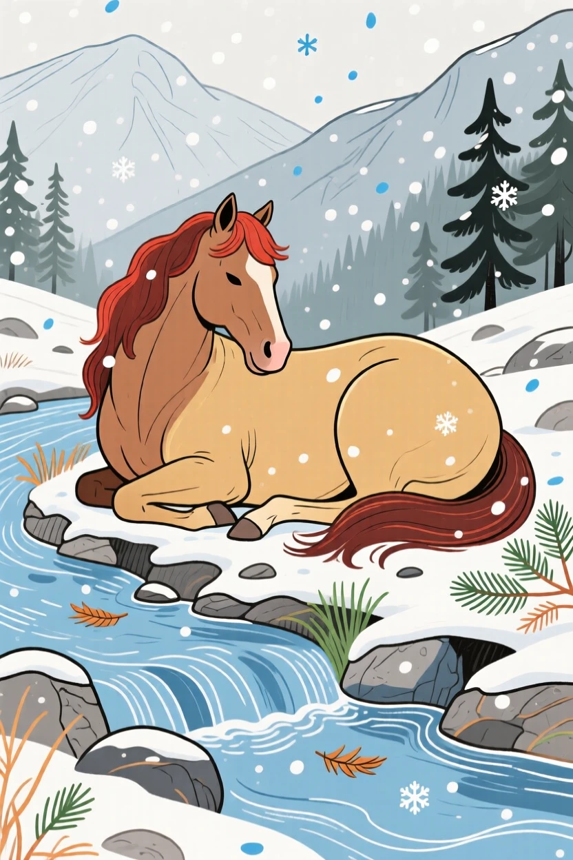 A grazing horse curled up together beside a mountain stream during a light snowfall.