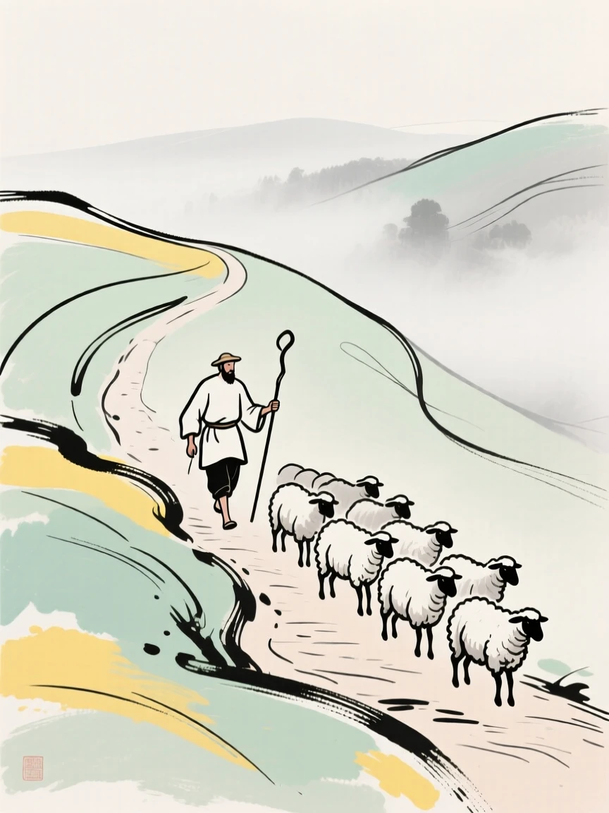 A shepherd guiding a flock of sheep down a misty hillside path.