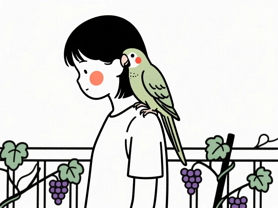 A teenage girl with a parrot on their shoulder, lost in quiet contemplation, on a vineyard terrace.