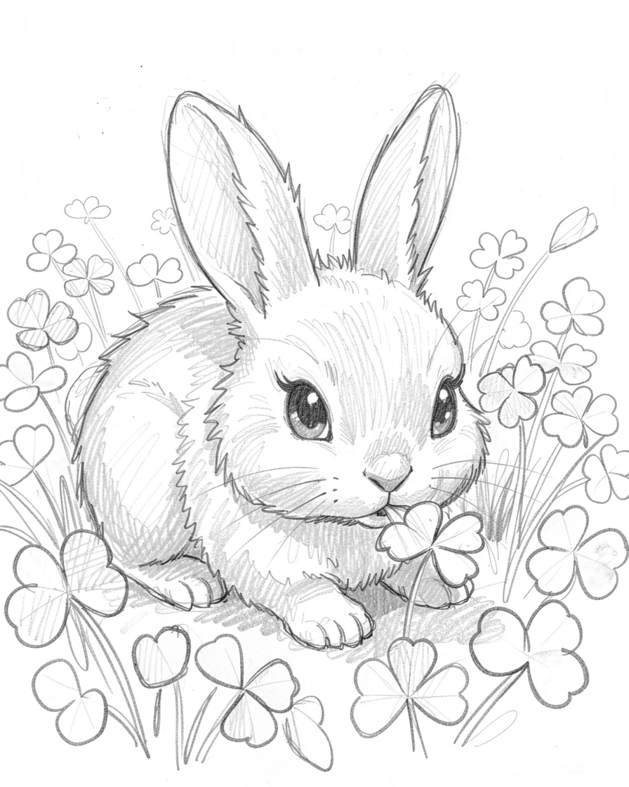 An irresistibly cute scene of a fluffy baby bunny nibbling clover in a field of clover, with big, curious eyes.