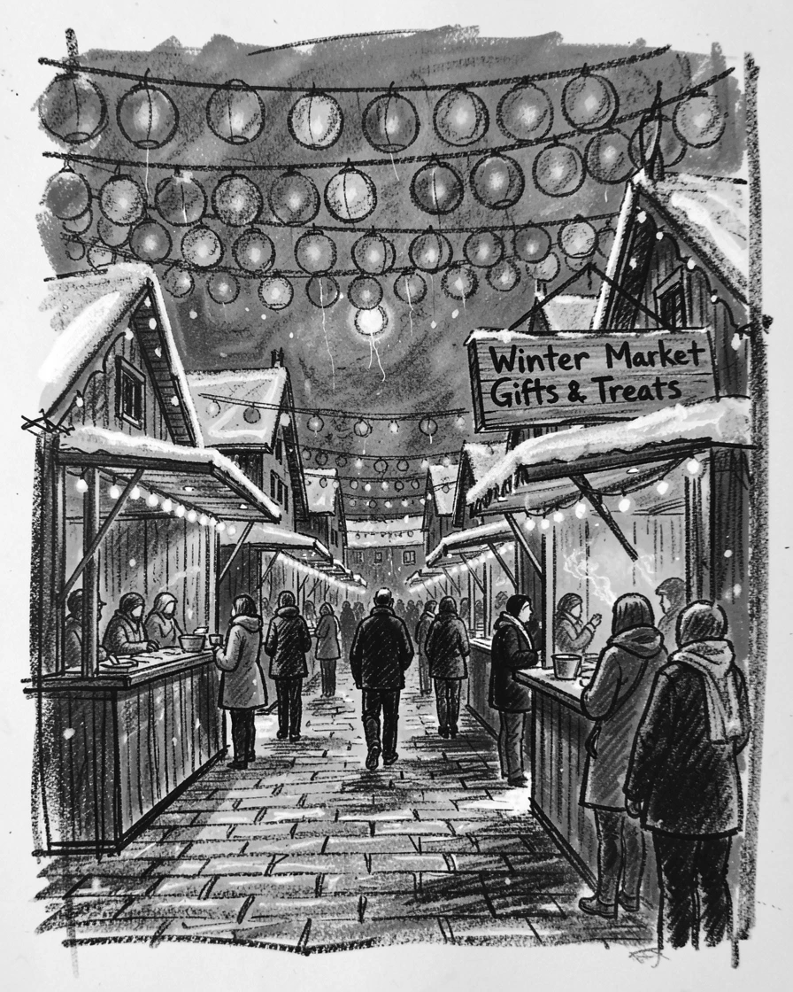 A winter market square filled with twinkling lights and stalls, under a canopy of colorful lanterns.