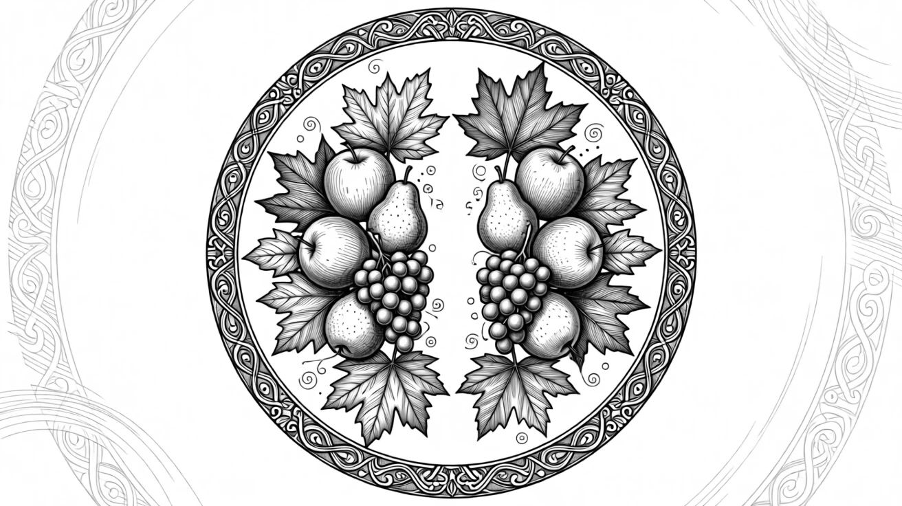 A symmetrical arrangement of seasonal fruits and leaves framed within an ornate circular border, with small flourishes filling the negative space, forming a timelessly decorative composition.