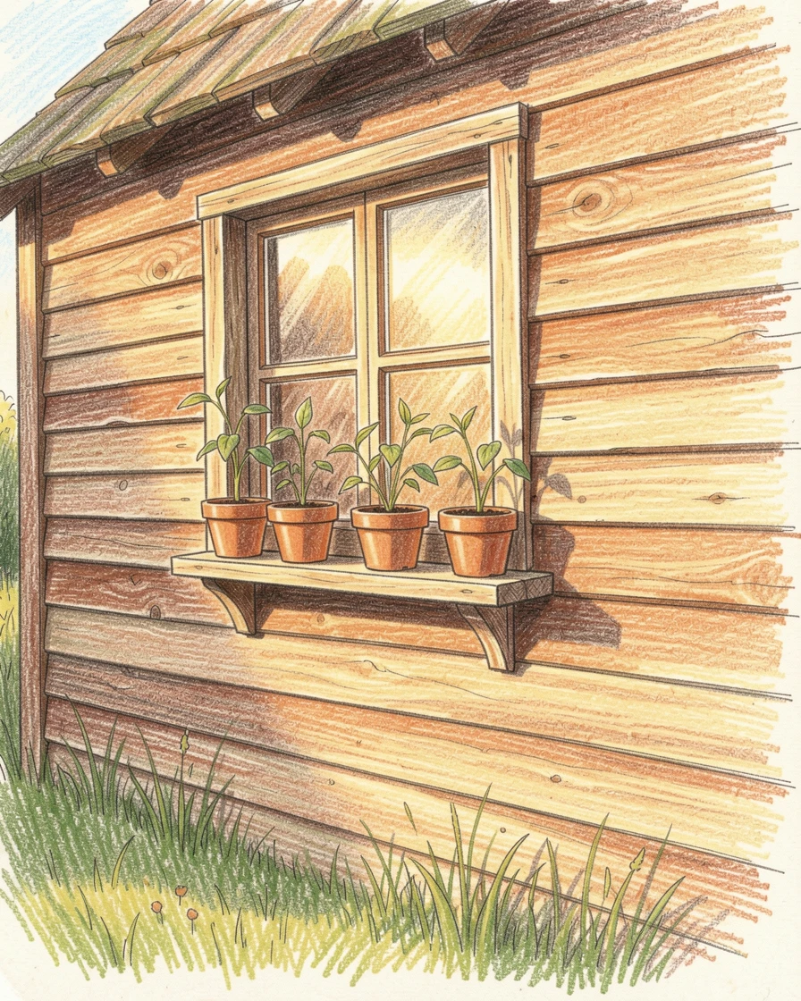 A rustic countryside garden shed with potted seedlings on the sill, bathed in the warm glow of golden-hour light, evoking nostalgia and a deep sense of contentment.