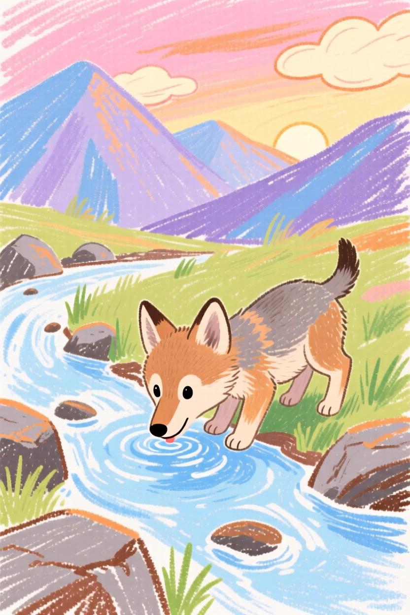 A coyote pup drinking from a clear mountain stream at dawn.