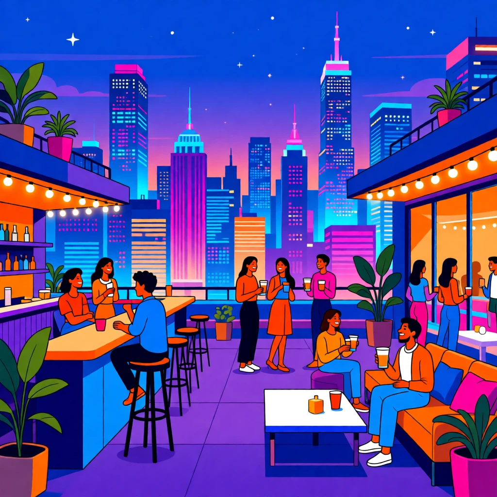 A trendy rooftop bar overlooking a glittering city skyline, surrounded by a lively, youthful energy, arranged with a trendy, effortlessly stylish balance, with vibrant, trendy colors that feel fresh and current.