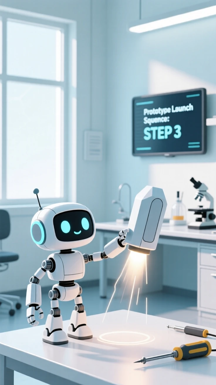 A small robot launching a prototype in a bright research lab.