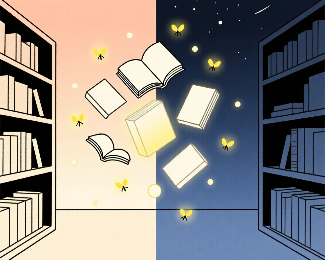 A magical library with floating books nestled within a horizon where day meets night, glowing near tiny glowing fireflies, full of quiet enchantment.