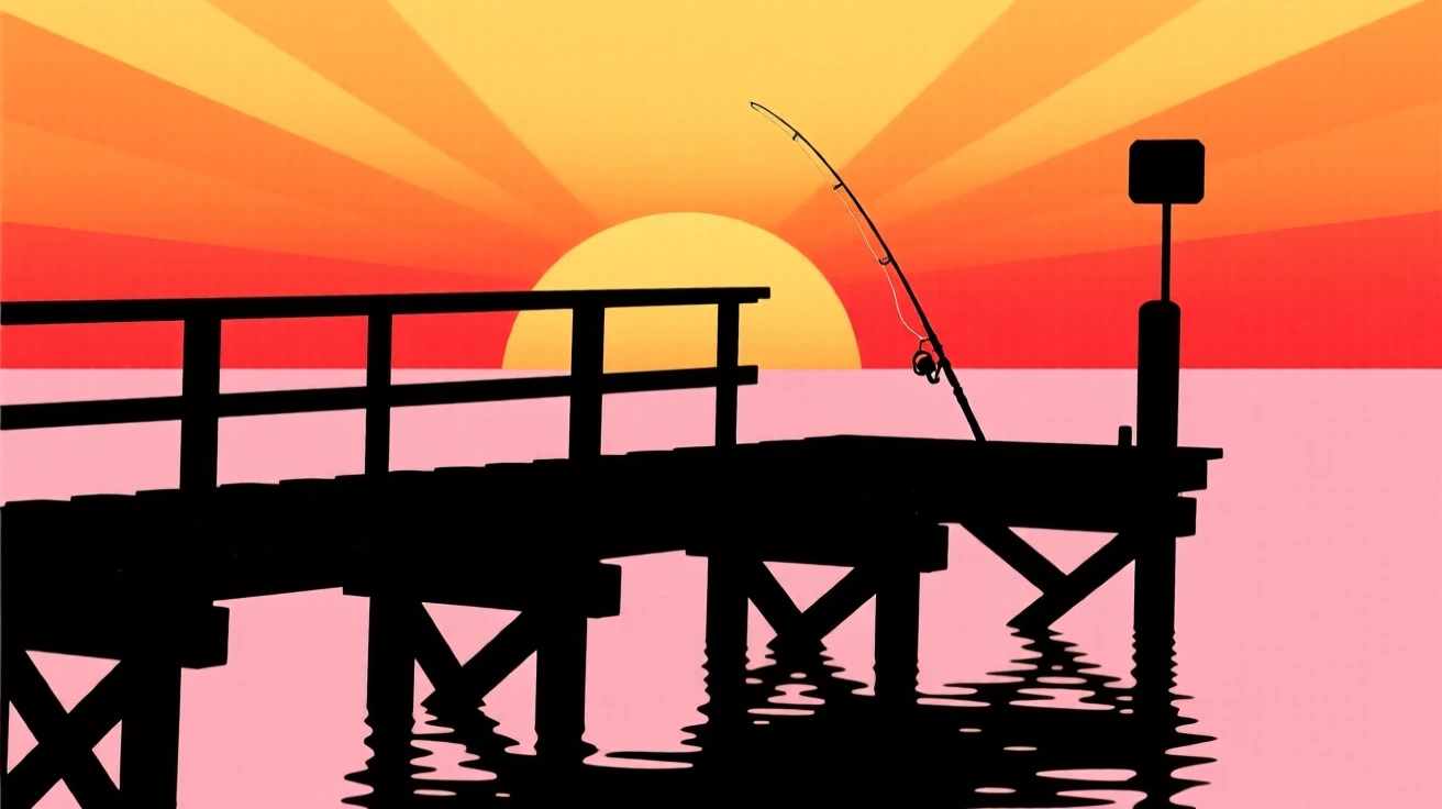 A quiet dock at sunrise with a single fishing rod propped against the railing.
