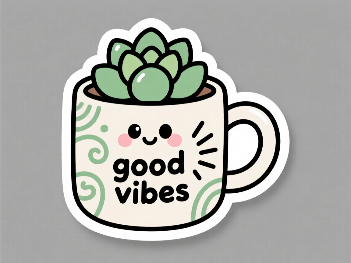 An effortlessly charming tiny succulent in a mug that says good vibes without using real text, with an expression that melts hearts instantly, the type of feel-good content people love saving.