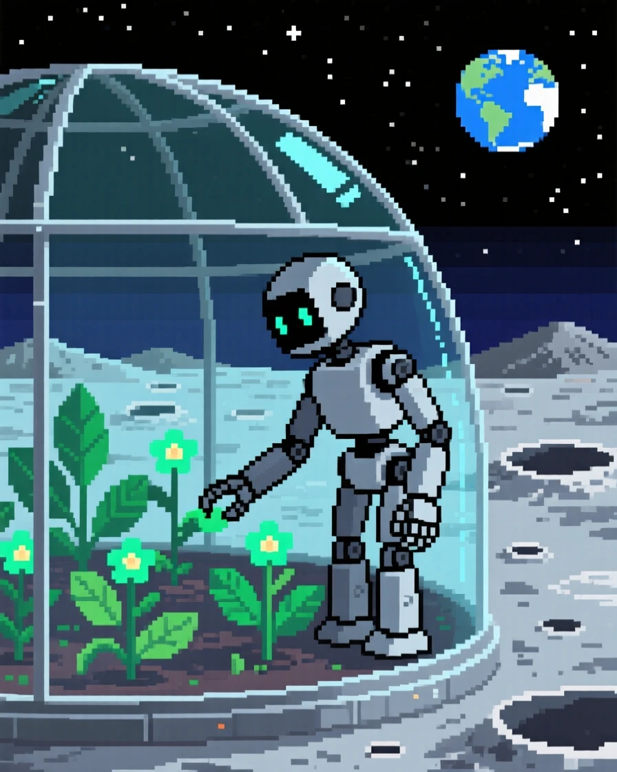 A robotic gardener tending space plants mapping out an unexplored alien landscape, within a greenhouse dome on the moon.