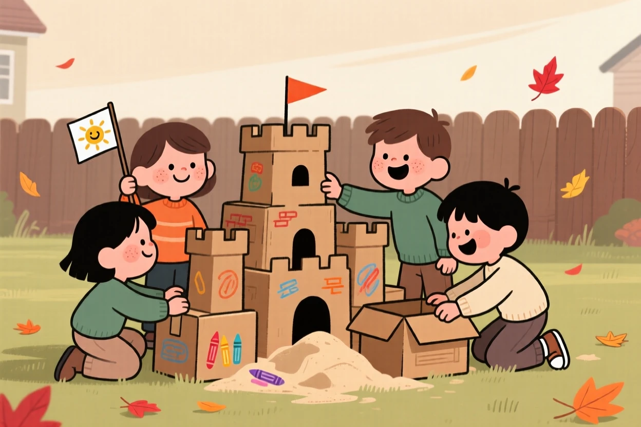 A small group of children build a sandcastle out of cardboard boxes in the backyard, laughing as the wind sends leaves scattering everywhere.
