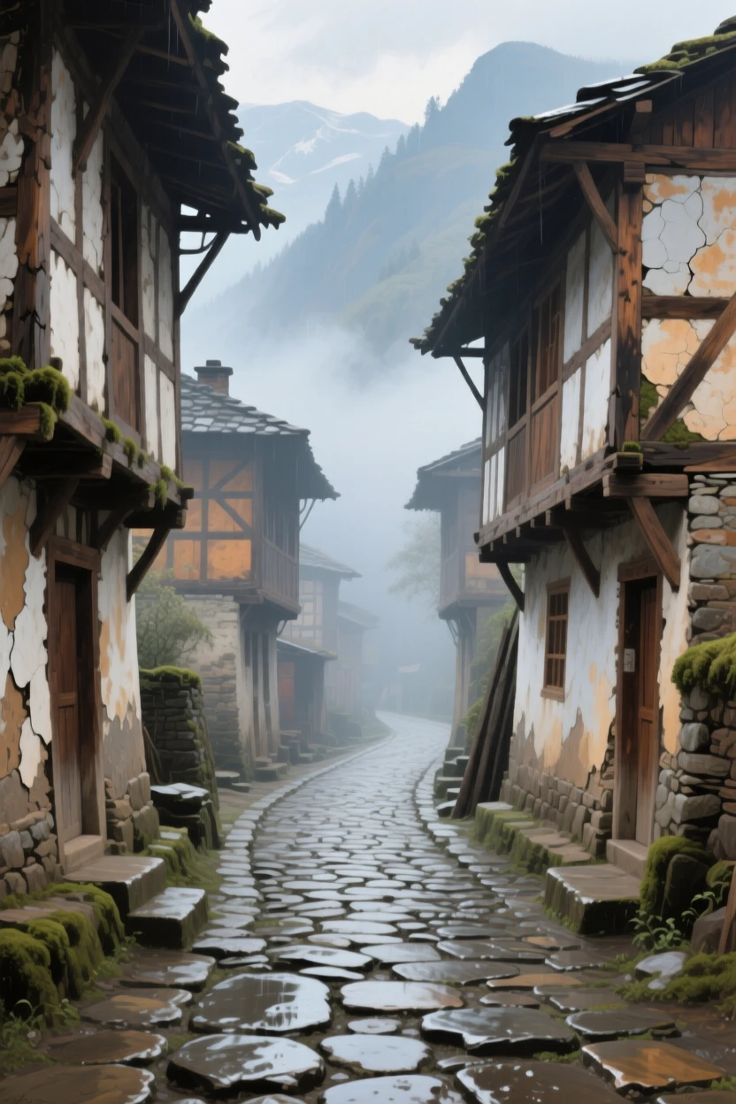 A centered composition of a narrow cobblestone street lined with leaning half-timbered houses, in thick fog, in the Himalayas.