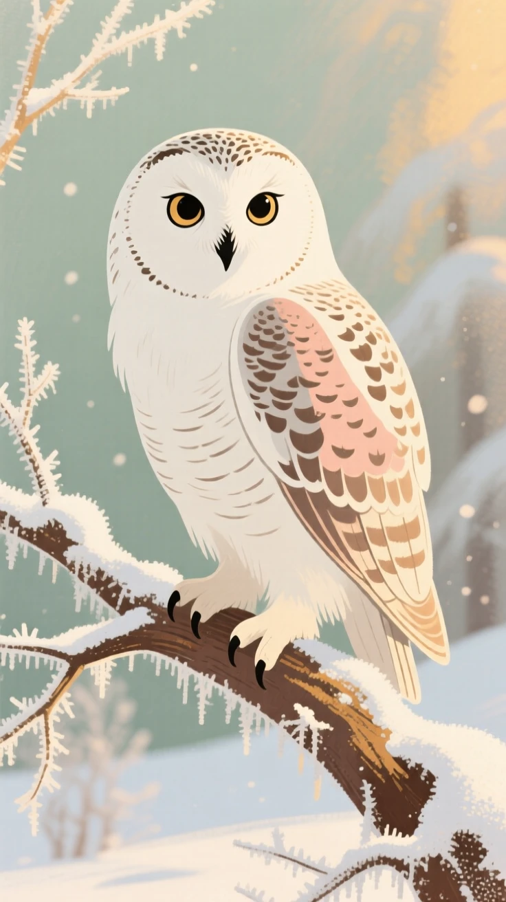 A snowy owl perched on a frost-covered branch