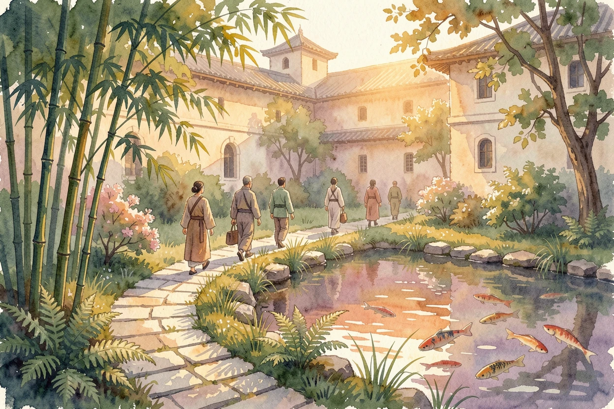 A quiet monastery garden with a koi pond during golden hour with travelers strolling along the path.