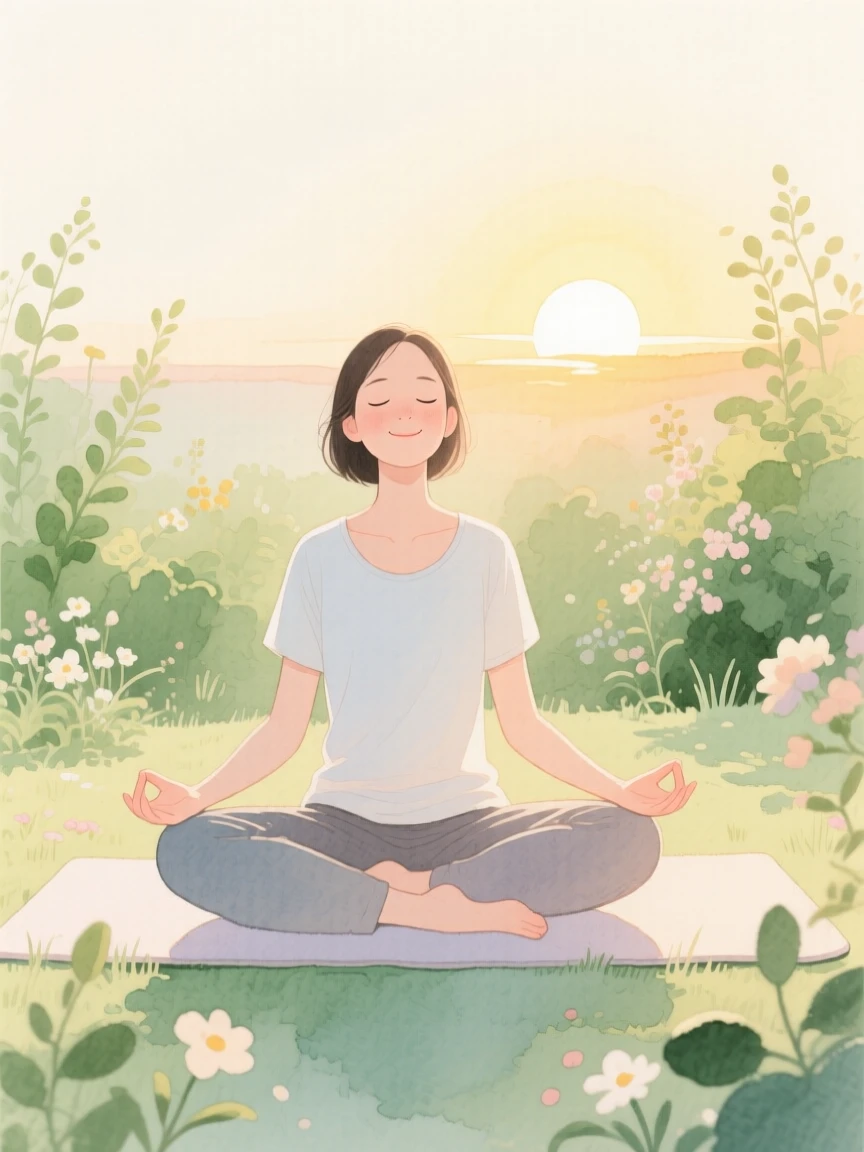A peaceful scene of someone practicing yoga at sunrise in a sunlit garden, fully absorbed in a quiet, joyful moment