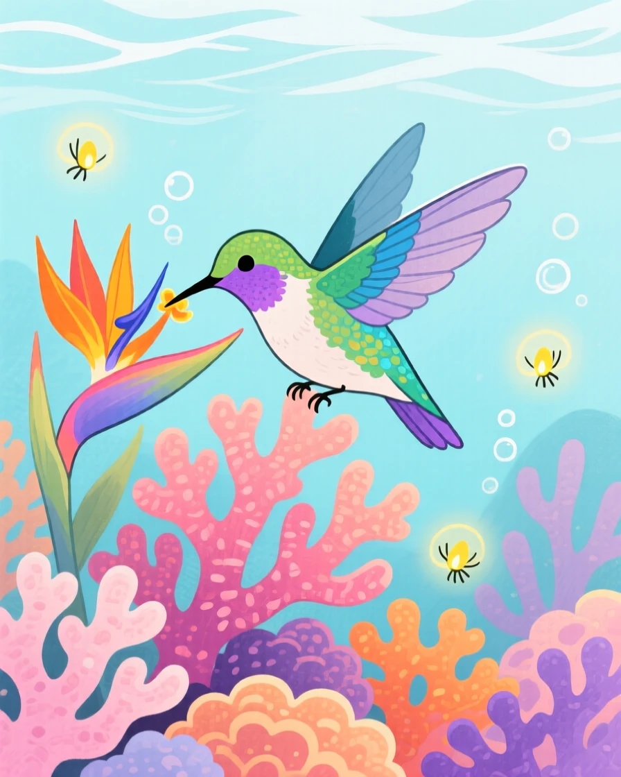 A hummingbird sipping nectar resting peacefully in a coral reef as fireflies begin to glow.