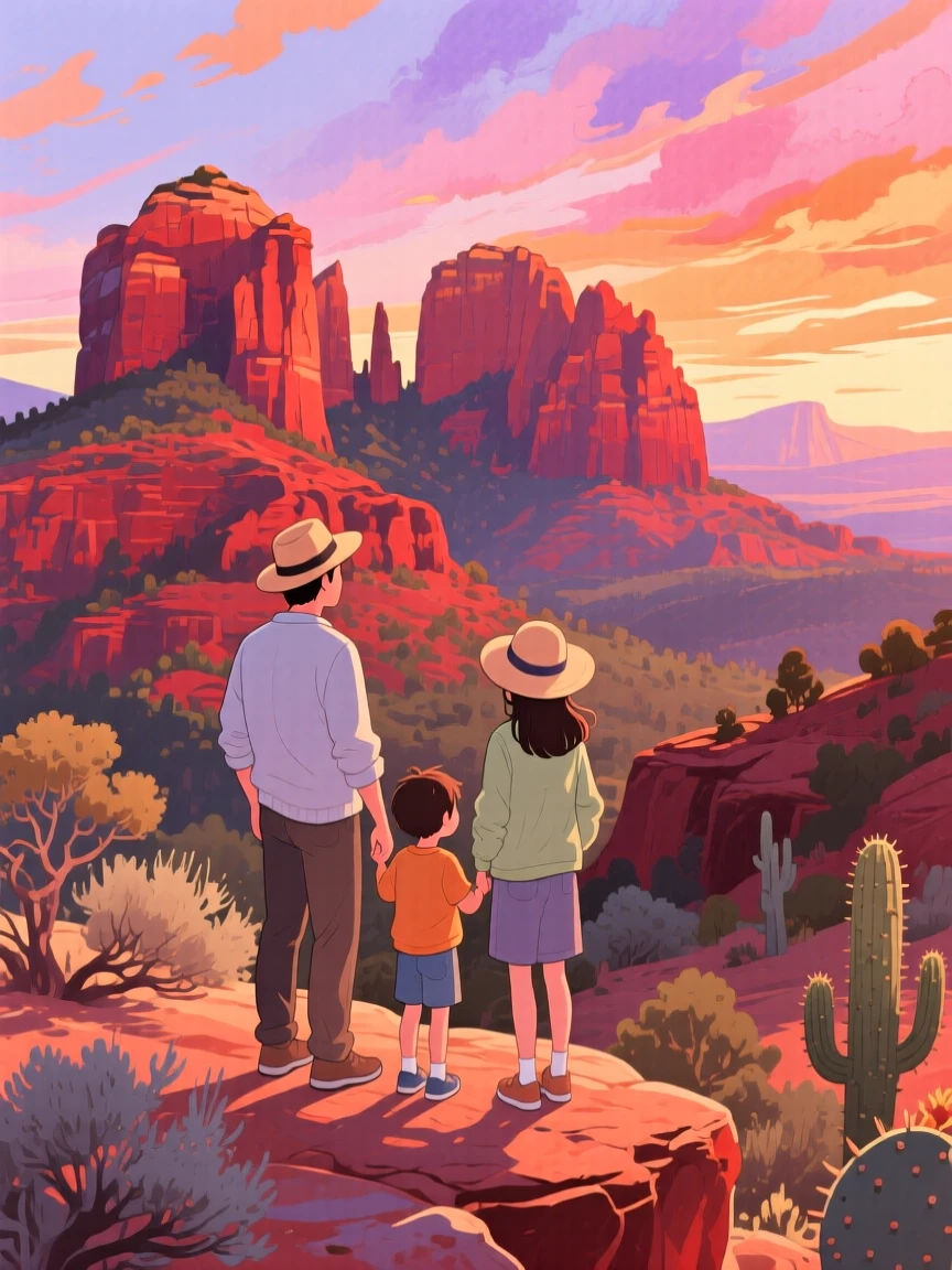 A family takes in the breathtaking view together amid the towering red rock formations of Sedona at sunset, radiating cultural warmth and beauty.
