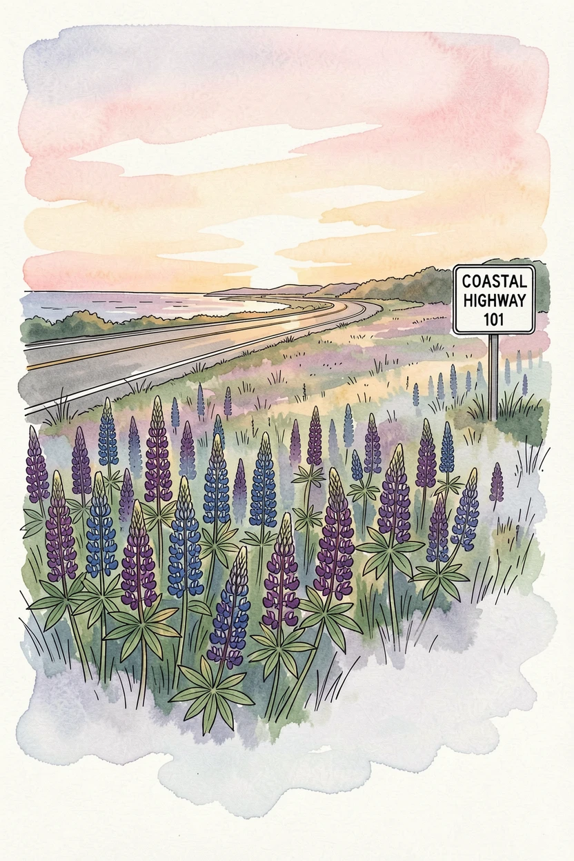 A field of wild lupine stretching along a coastal highway, a soft mist clinging to the low ground as the sun begins to rise.