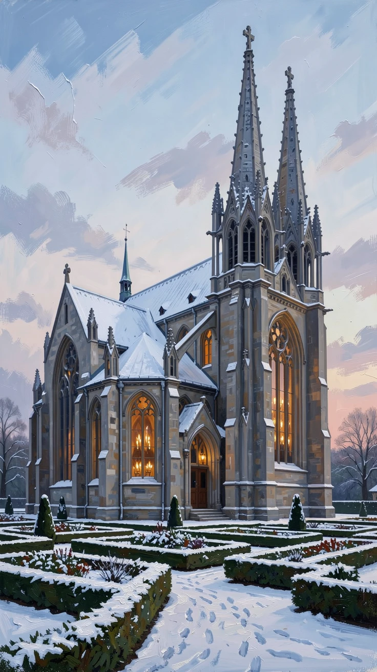 In soft winter light with a dusting of snow on the rooftops, a grand Gothic cathedral with soaring spires, framed by manicured formal gardens, candlelight flickering in a row of tall arched windows.