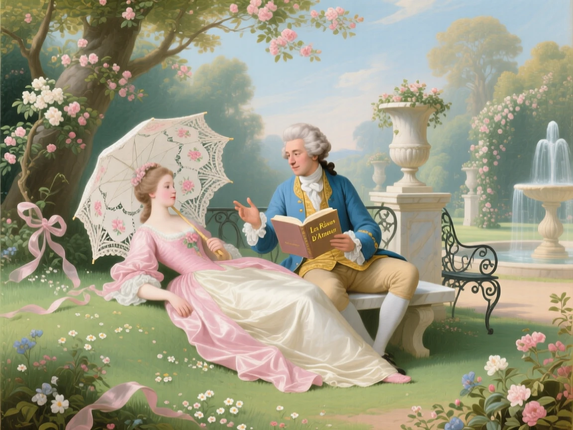 A lady resting beneath a parasol as her companion reads poetry aloud  