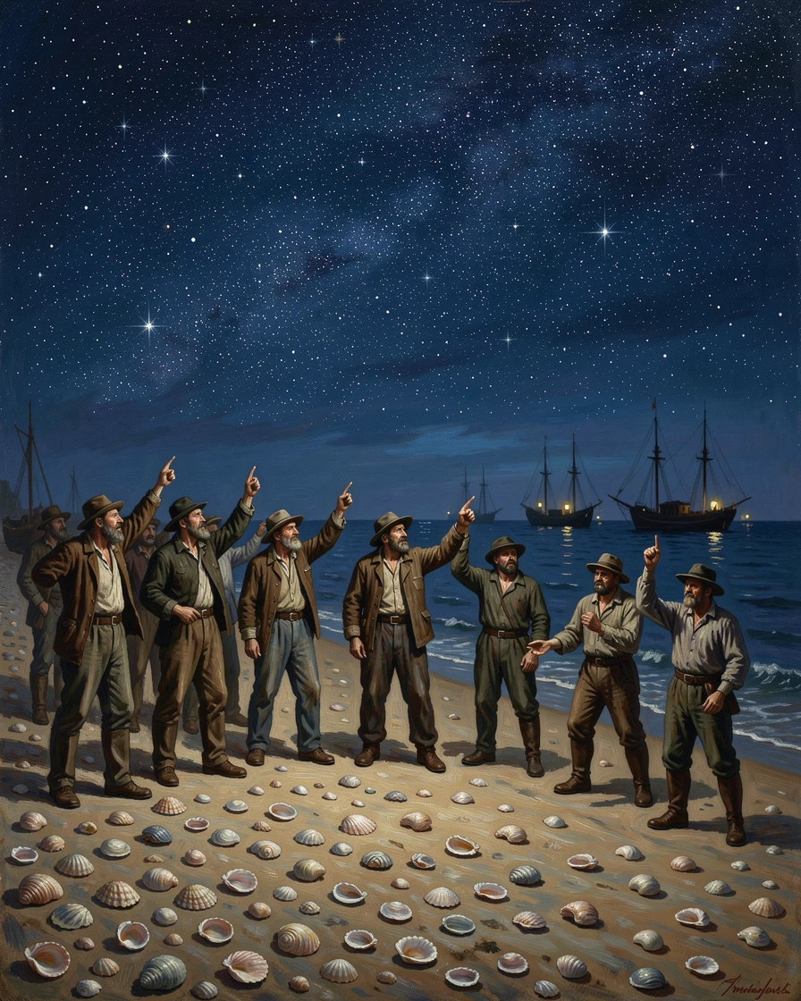 A group of dockworkers signals from a sandy beach littered with shells beneath a canopy of stars.