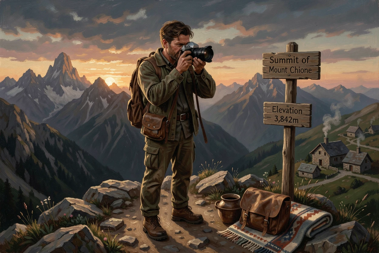 A photographer capturing a dramatic sunrise from a mountain summit, with authentic local culture and scenery woven throughout, capturing the excitement, freedom, and wonder of travel