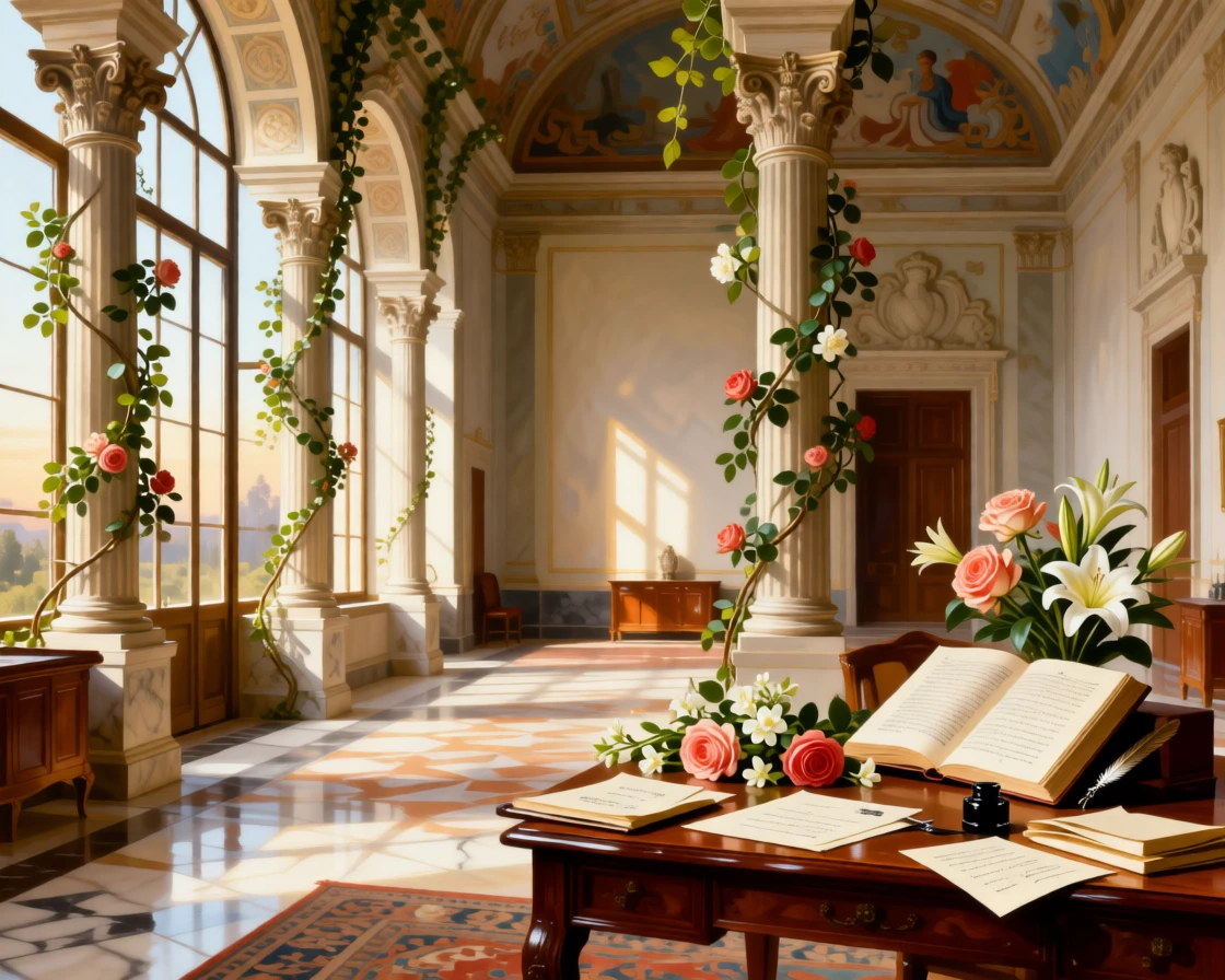 A sunlit atrium framed by Corinthian columns and flowering vines catching the first light of morning through tall windows, set within a palace built for generations of nobility, with fresh flowers, open books, and half-finished correspondence scattered about; warm interior light contrasts with cool light spilling in from outside, filled with hushed splendor and architectural harmony.