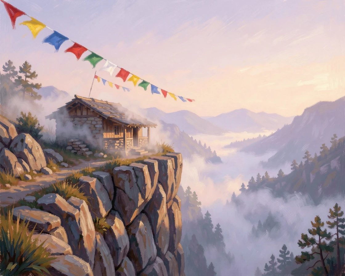 A quiet mountain hermitage clinging to a cliffside, prayer flags fluttering in the wind above a deep valley, in the gentle hush of early morning, evoking timeless charm and quiet elegance.