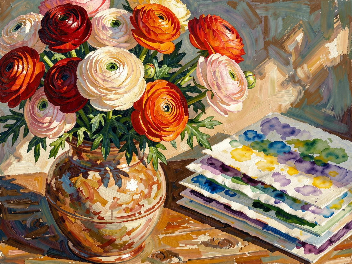 A vase of ranunculus beside a stack of watercolor paintings drying in the sun.