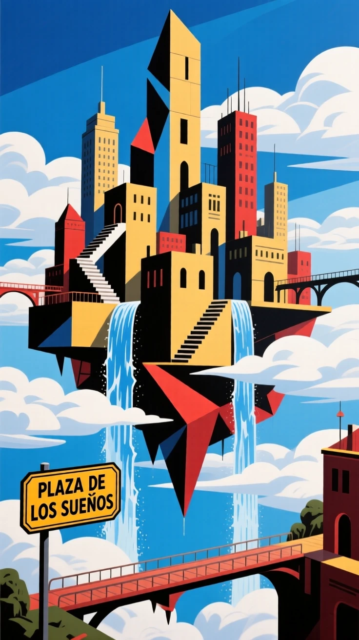 A city built into the clouds with waterfalls cascading into the sky below.