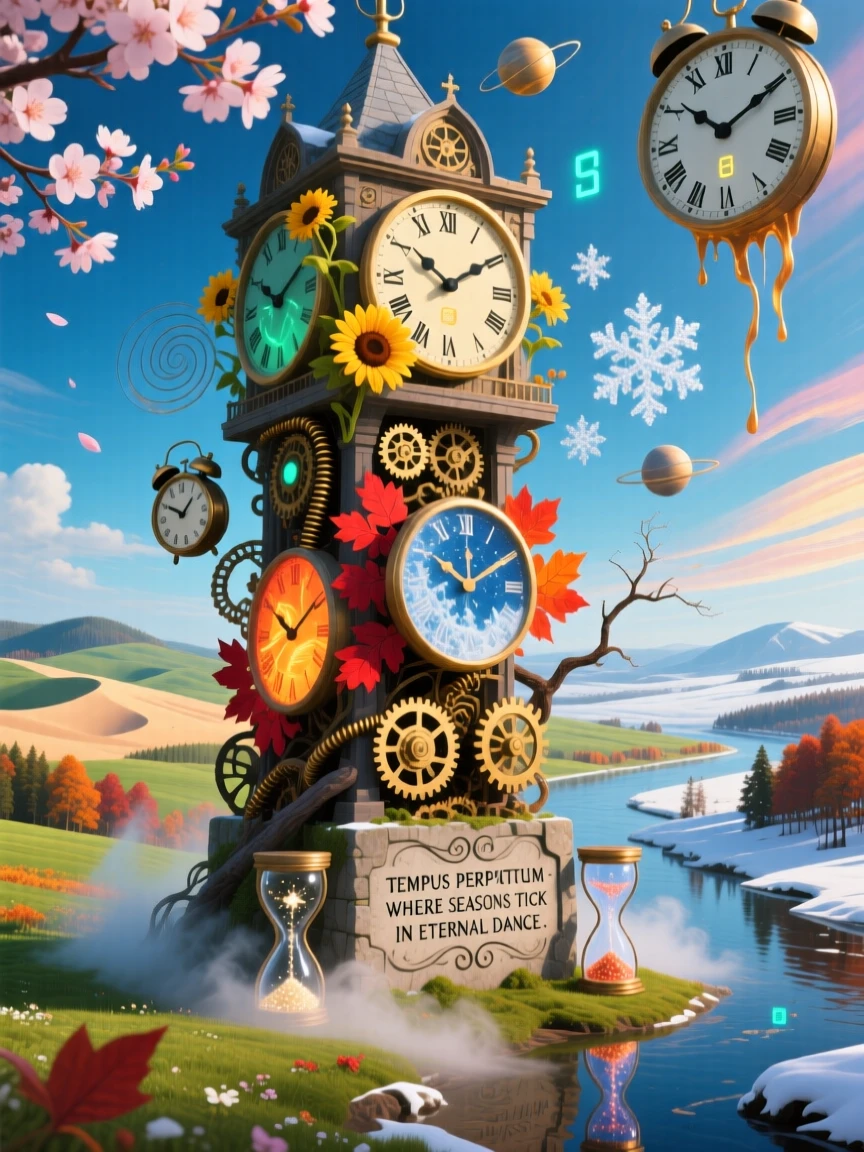 A clock tower whose face shows a different season on each side hums with a strange, looping quality of time, as every clock within view shows a different, ticking hour.