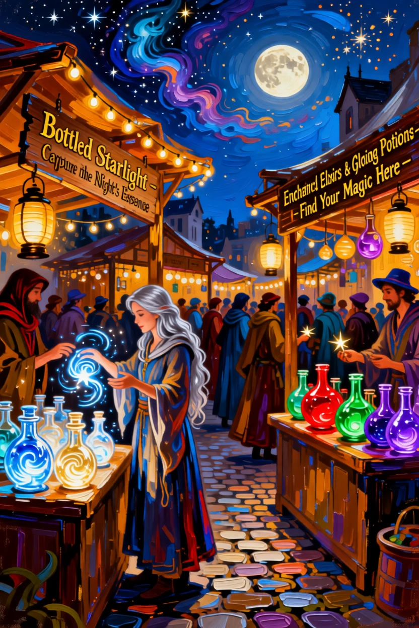 A magical marketplace where merchants sell bottled starlight and glowing potions
