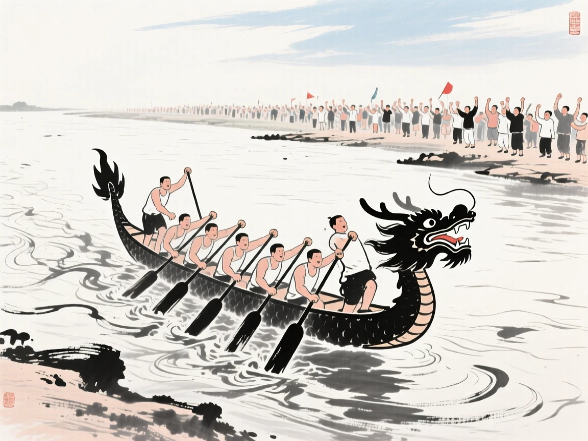 Rowers paddle a dragon boat swiftly down a wide river as crowds cheer from the banks, beneath a sky bright with midsummer sun.